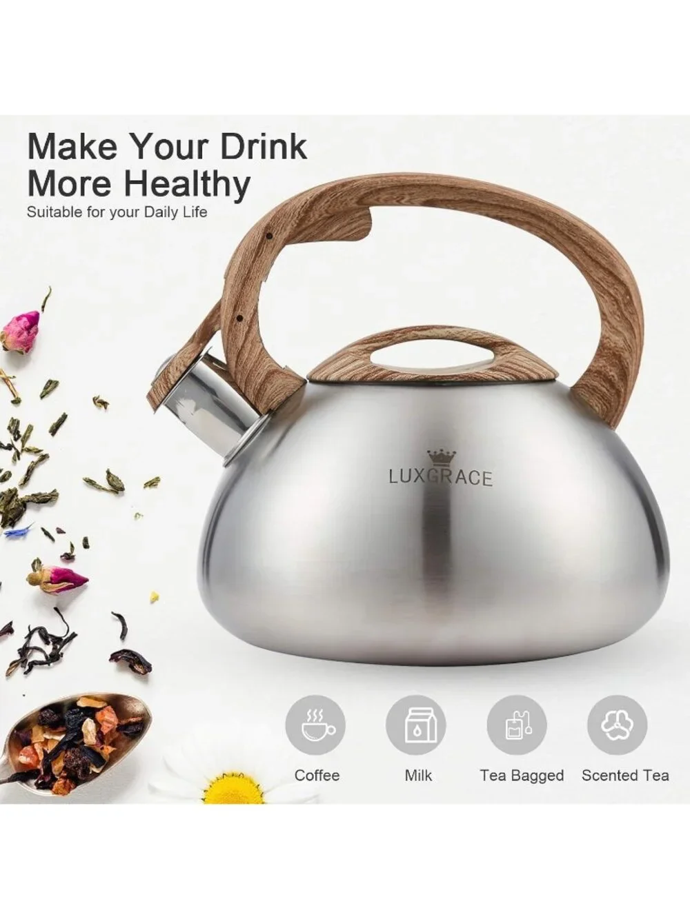 Silver Kitchen Whistling Tea Kettle 2.2 Quart Stainless Steel Stovetop Induction